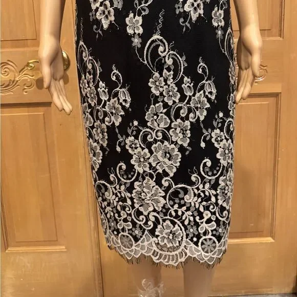 Erin Fetherston Blk Wht Sleeveless Floral Lace Cocktail V-Neck Dress Sz 4 Erin Fetherston Blk Wht Sleeveless Floral Lace Cocktail V-Neck Dress Sz 4